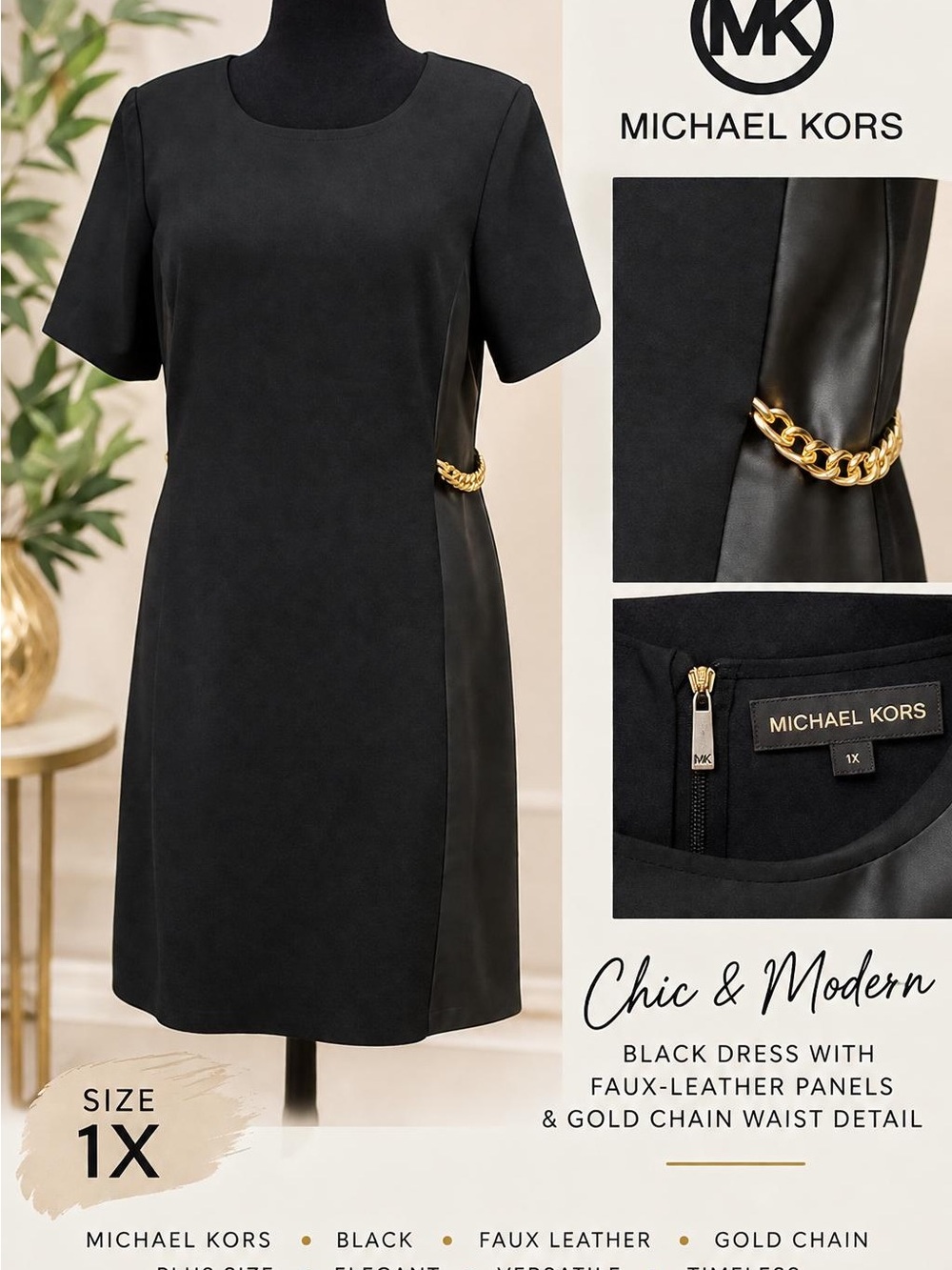 Michael Kors 1X Black Faux Leather Panel Gold Chain Sheath Dress Plus Size